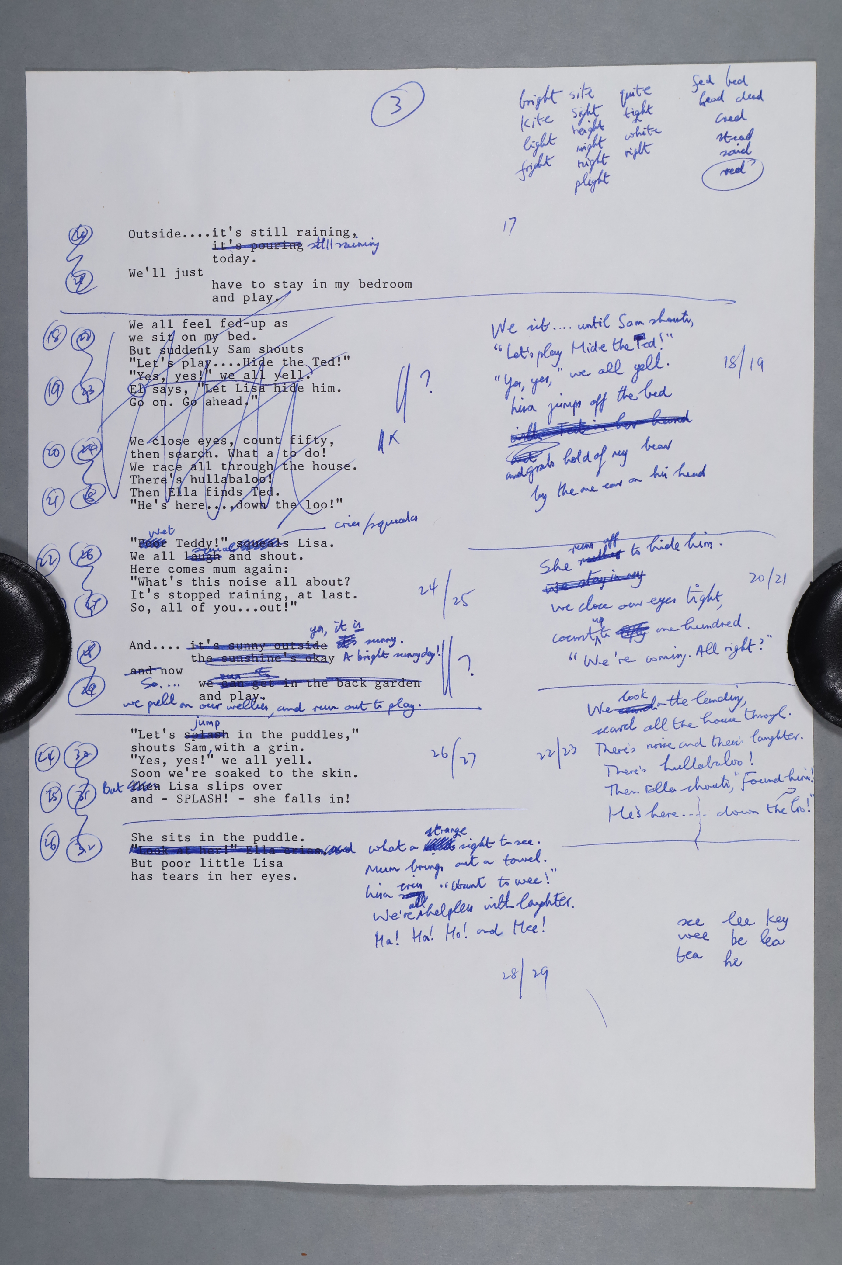 A typed draft of a poem with manuscript corrections, additions and deletions in blue ink.